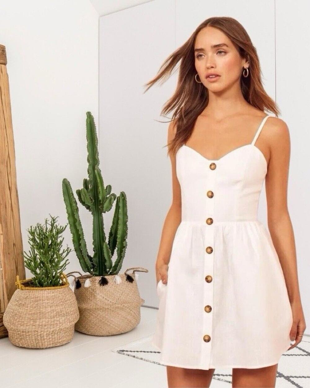 Reformation Velma Linen Dress Womens Size 2 White Button Front Sweetheart Neck
